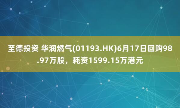 至德投资 华润燃气(01193.HK)6月17日回购98.97万股,耗资1599.15万港元
